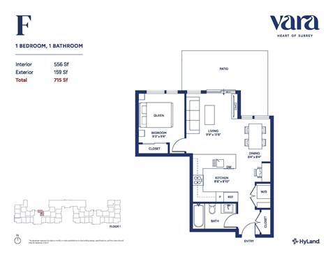 Floor plan for 1 bed, 1 bath, 556 sqft